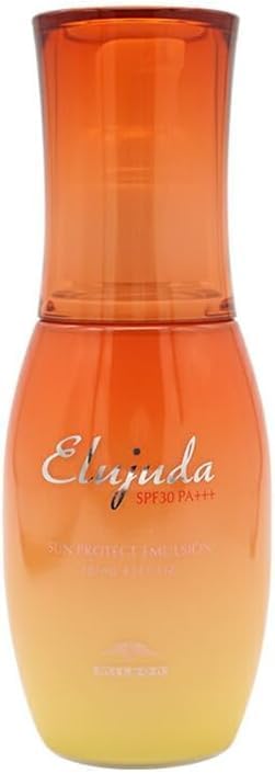 Front view of an orange-to-yellow gradient bottle of Milbon Eljuda Sun Protection Serum SPF30 PA+++.