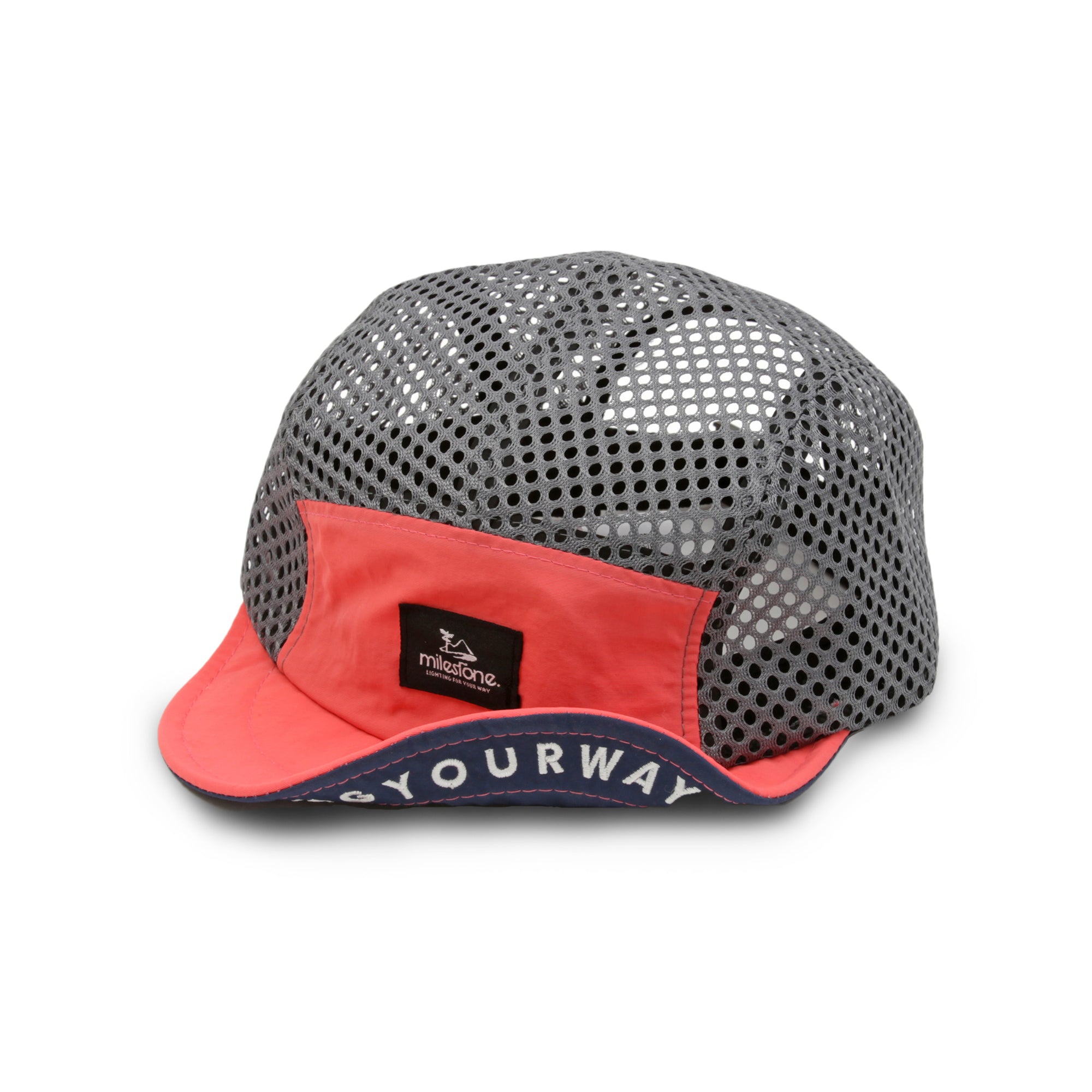 Front view of the milestone Original Cap MSC-013 showing a gray mesh crown, coral front panel with a small black milestone logo patch, and a curved brim with printed text.