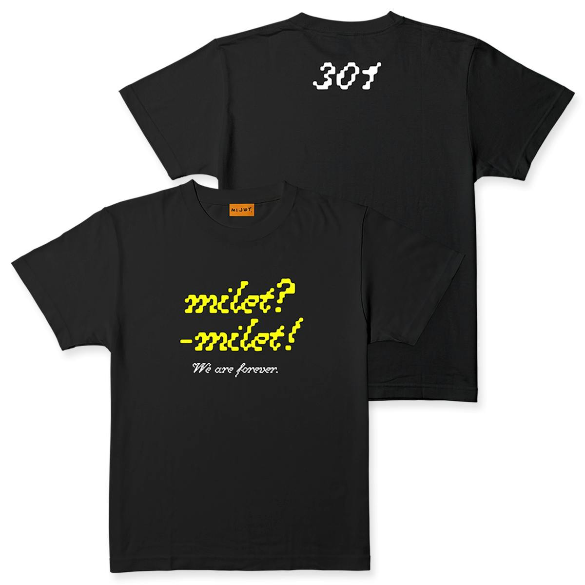 Front and back views of a black cotton T-shirt with yellow "milet?-milet!" text on the front and white "301" on the back.