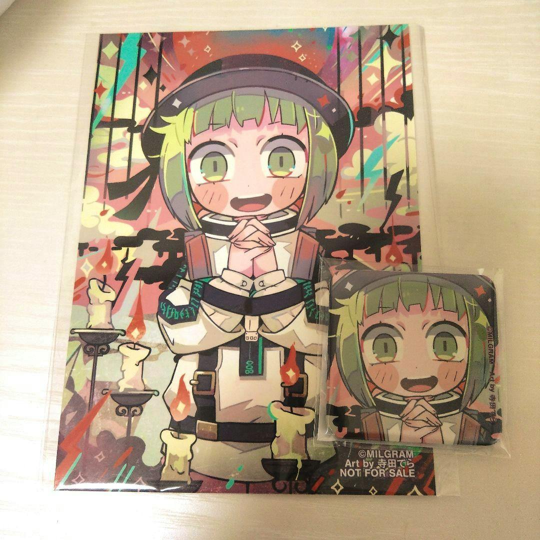 Packaged fanart bromide photocard and square can badge showing a green‑haired anime character with hands clasped.