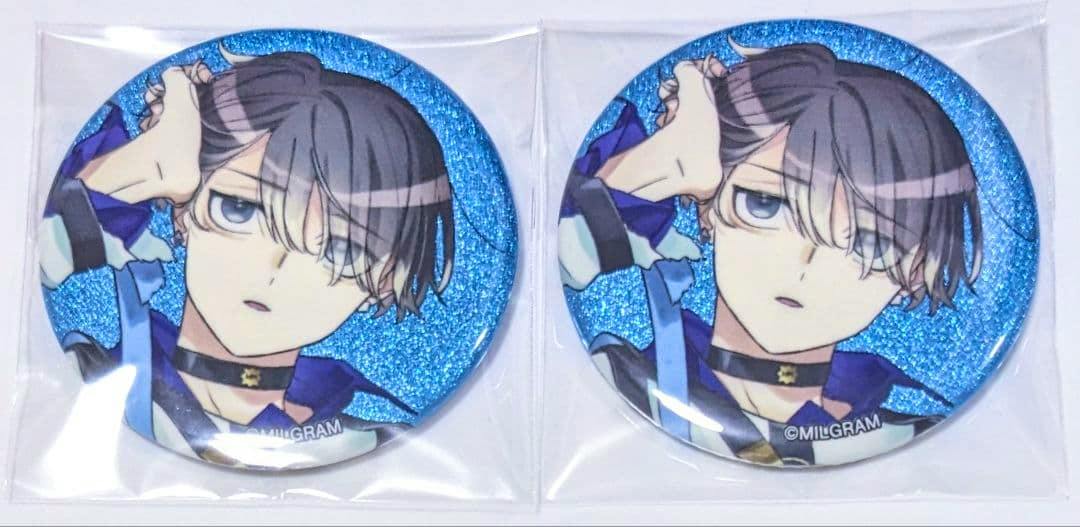 Two round MILGRAM “Mikoto” can badges with a blue glitter background, each in a clear plastic sleeve.