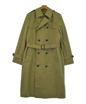 Front view of a khaki men's military-style double-breasted trench coat with belt hanging on a hanger.