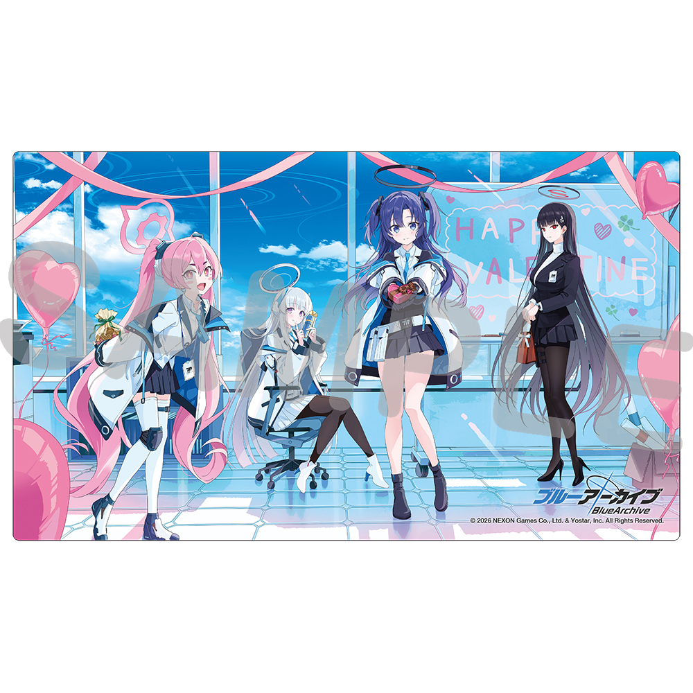 Illustrated rectangular playmat depicting four anime-style characters in a bright room with heart-shaped balloons and a "Happy Valentine" sign.