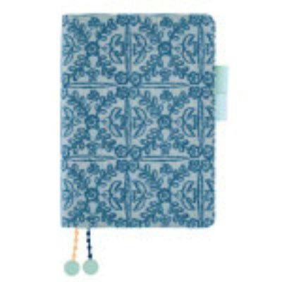 Blue patterned polyester A5 cousin-size book cover with two beaded ribbon bookmarks and a side tab.