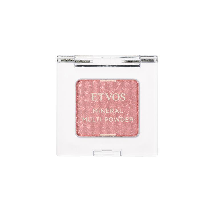 A clear square compact showing the Mineral Multi Powder in luminous pink with the label "ETVOS MINERAL MULTI POWDER" visible.