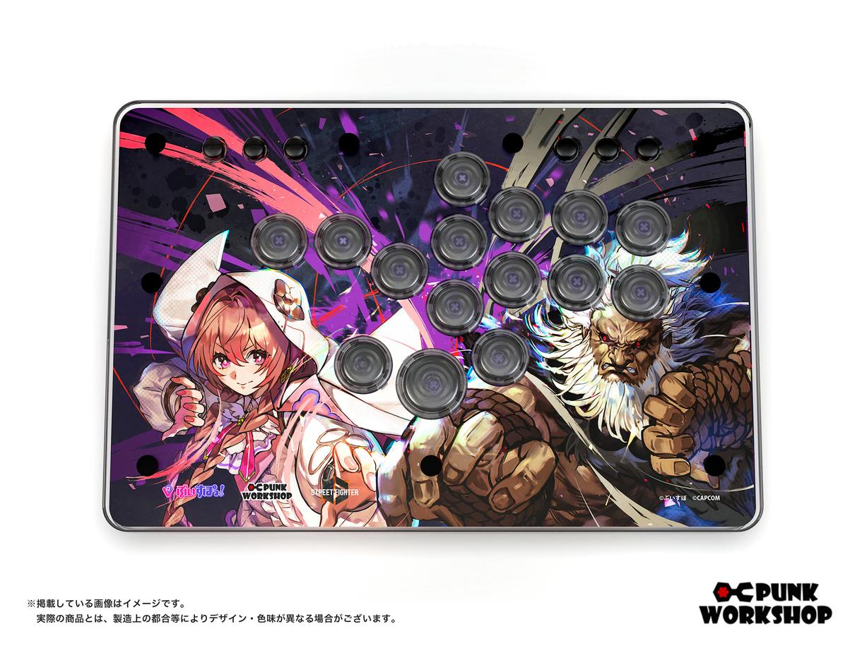 Top-down view of the MINI BOX leverless video game controller with Amayui Moka × Gouki artwork and multiple round buttons.