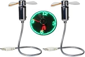Two mini USB LED clock fans with flexible goosenecks, twin blades, circular real-time LED clock displays, and USB plugs.