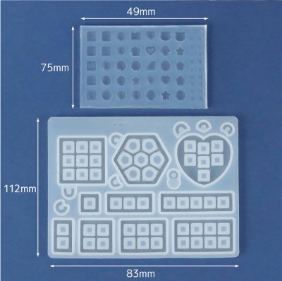Two silicone molds for making tiny chocolates and boxes shown on a blue background with measurements.