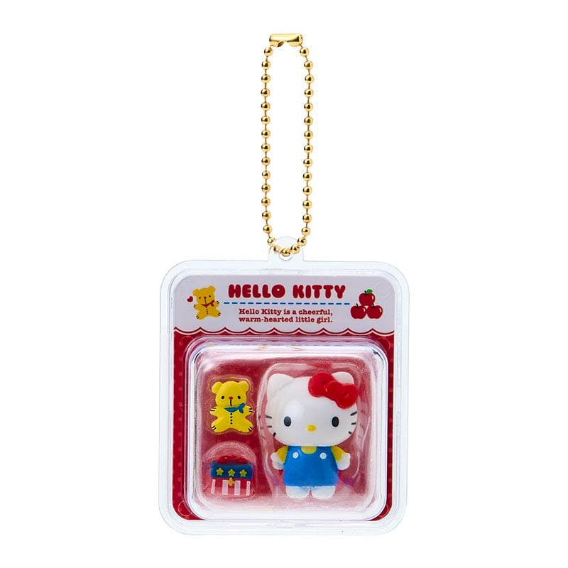 Hello Kitty miniature package charm keychain in plastic blister packaging with a gold ball chain.