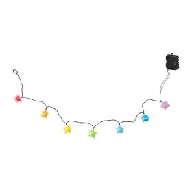 A string of multicolored star-shaped LED garland lights with an attached battery pack on a white background.