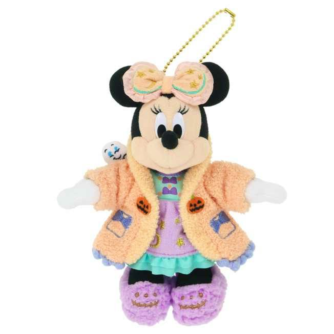 Plush badge of Minnie Mouse in a Halloween-themed outfit with a short gold ball chain attached.