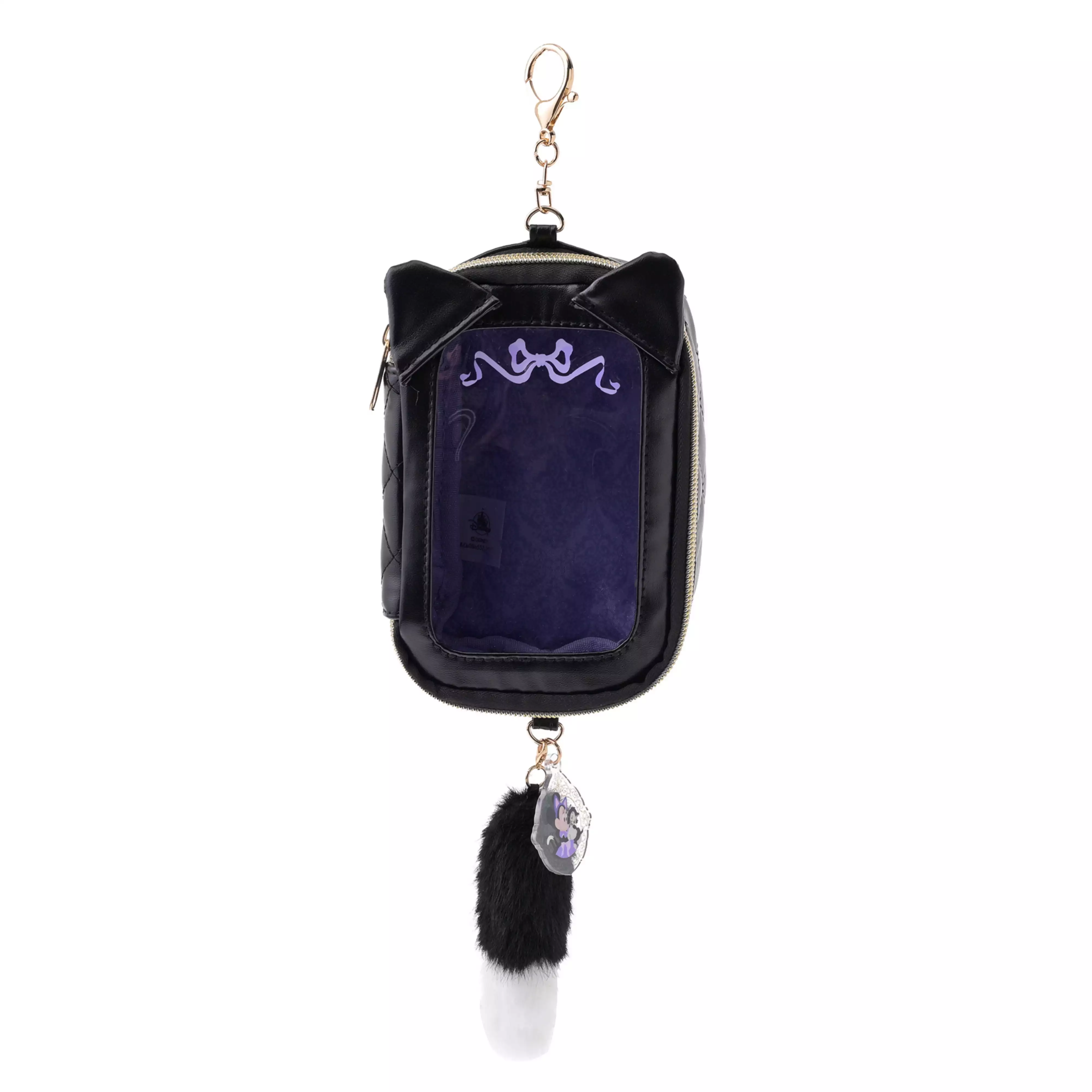 Black synthetic-leather Minnie and Figaro pouch with a clear front window, key clip, and a dangling black-and-white fur tail charm.