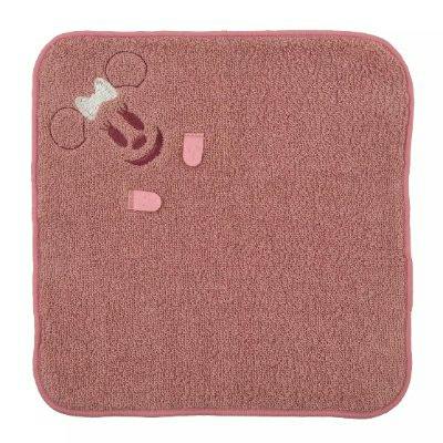 Pink square cotton mini handkerchief showing a ghost-style Minnie design with an embroidered bow and two small feet.