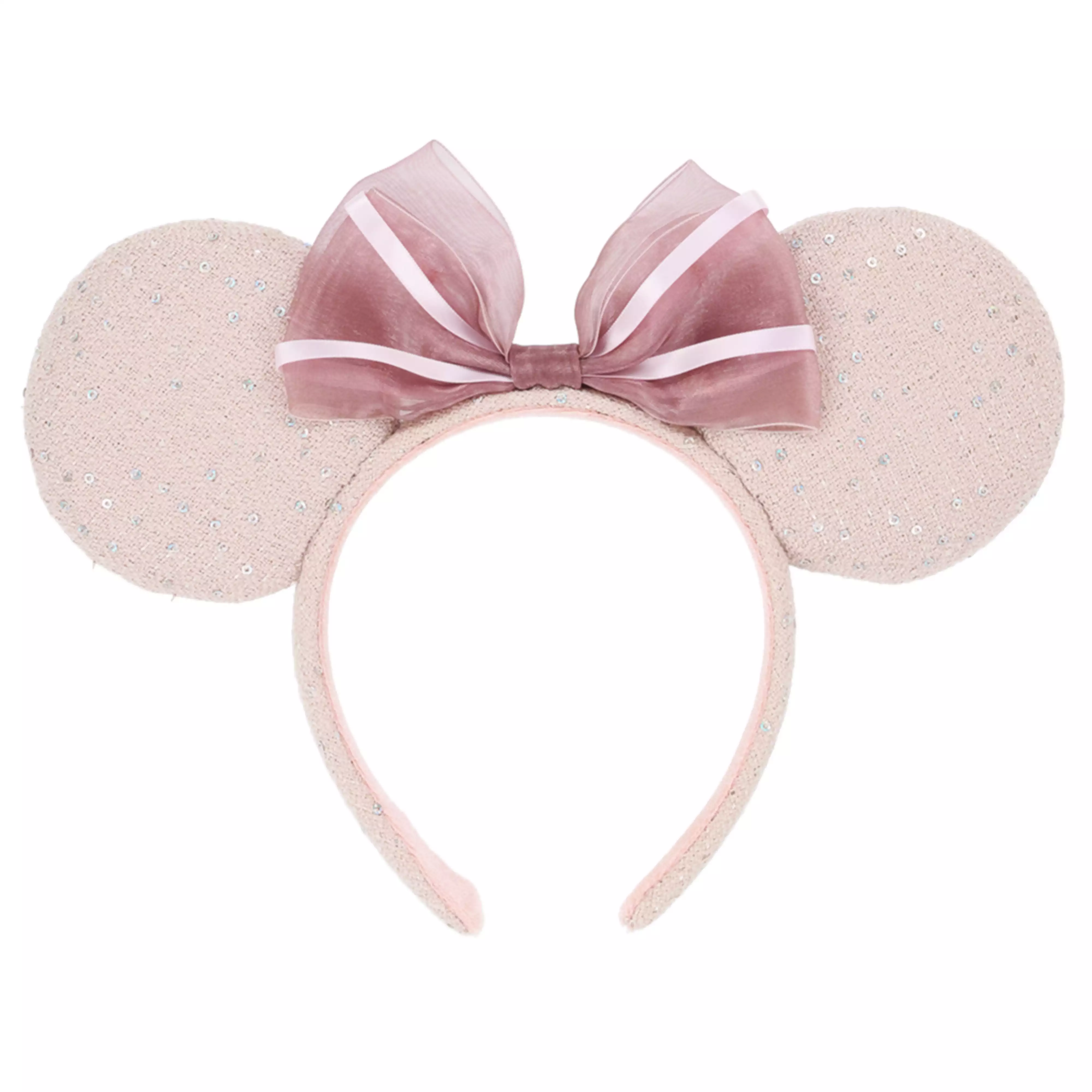 Pink headband with round sequin-covered ears and a central pink bow.
