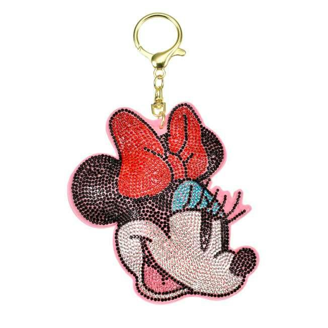 Rhinestone-decorated Minnie key chain showing the character head charm with a gold clasp on a white background.