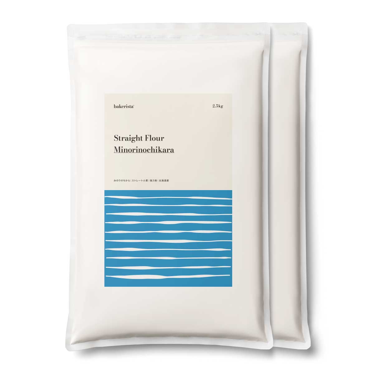 Two white packaged bags of flour labeled "Straight Flour Minorinochikara" with a blue striped design on the label.