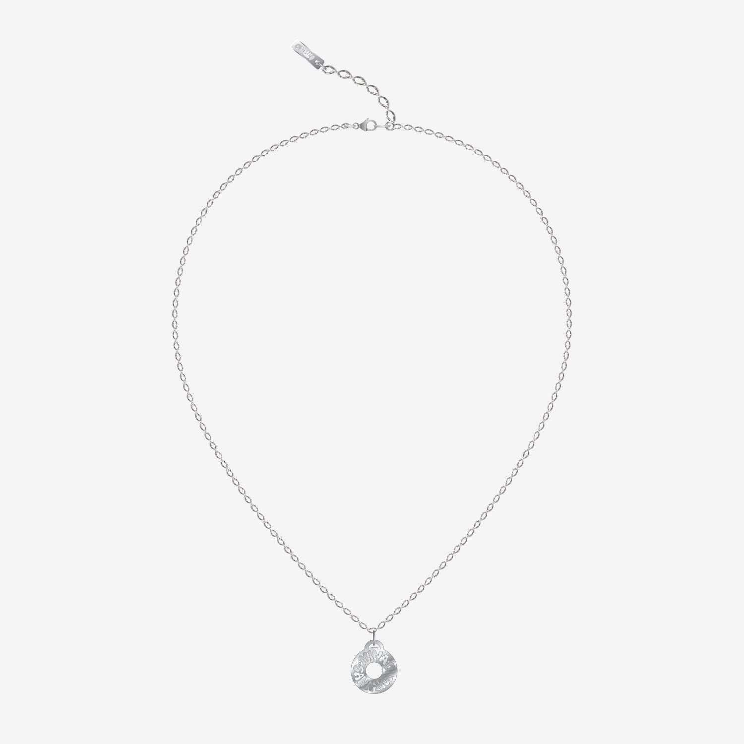 A chain necklace with a small textured ring pendant displayed on a plain light background.