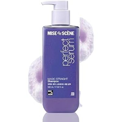 Front view of Mise En Scene Perfect Serum Magic Straight shampoo 530ml purple bottle with pump.