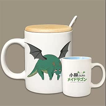 Photo of two ceramic mugs: a larger mug with a wooden lid and a green dragon illustration, and a smaller mug with Japanese text.