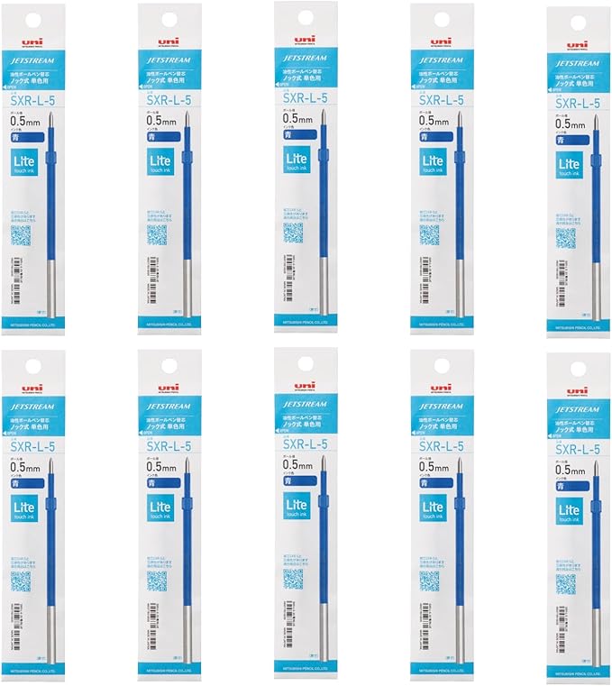 Ten Mitsubishi Jetstream 0.5 mm blue ballpoint pen refills in individual retail packaging arranged in a grid.