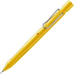 Yellow Lamy Safari KURUTOGA Inside 0.5mm mechanical pencil photographed at an angle showing the clip and the tip with lead exposed.