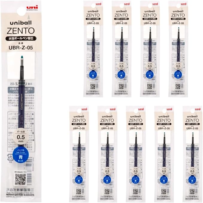 Ten Mitsubishi Pencil Uniball ZENTO UBRZ05.33 0.5 mm (0.02 in) blue water-based ballpoint refill cartridges in individual retail packaging, with one enlarged on the left.