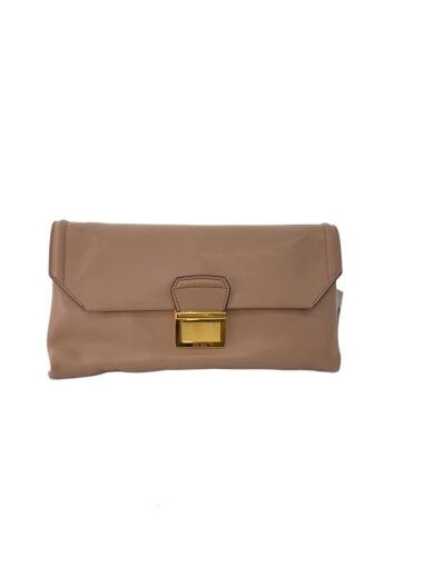Front view of a pink MIU MIU cow leather shoulder bag with a flap and a gold-tone rectangular clasp.