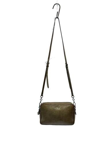 Gold MIU MIU leather shoulder bag hanging from a hook, front view with strap visible.