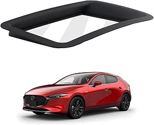 A transparent HUD protection cover with a black frame for MAZDA3 BP-series head-up display shown above a red Mazda3 car.