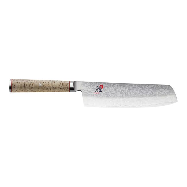 MIYABI BIRCHWOOD 5000MCD chef knife showing the patterned blade and birchwood handle on a white background.