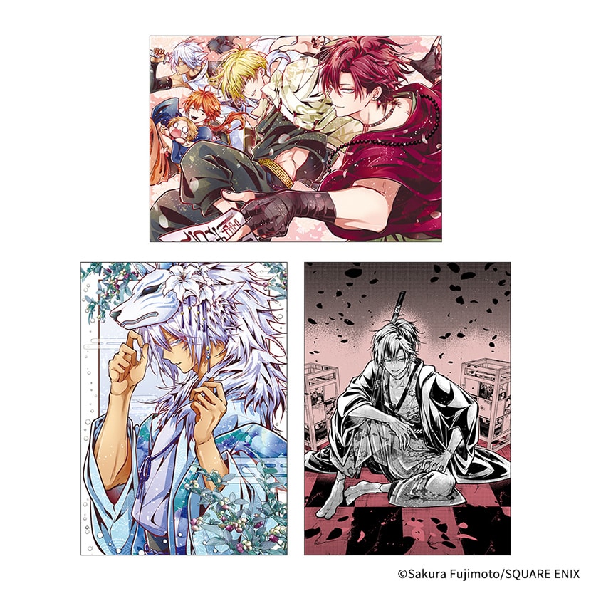 Photo of the three illustrated postcards from the “雅血の陰陽師” large postcard set B: a horizontal group scene at top, a blue-toned character with a fox mask at bottom left, and a seated monochrome character at bottom right.