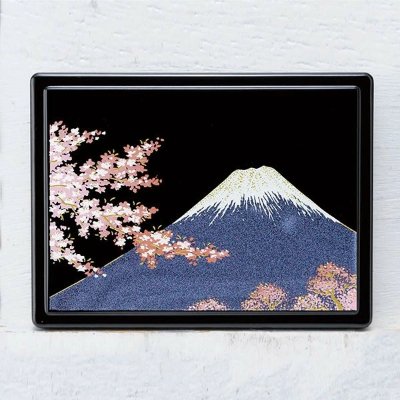 Black rectangular wooden sticky-note (Post-it) case decorated with Mount Fuji and cherry blossoms in a Japanese-style design.
