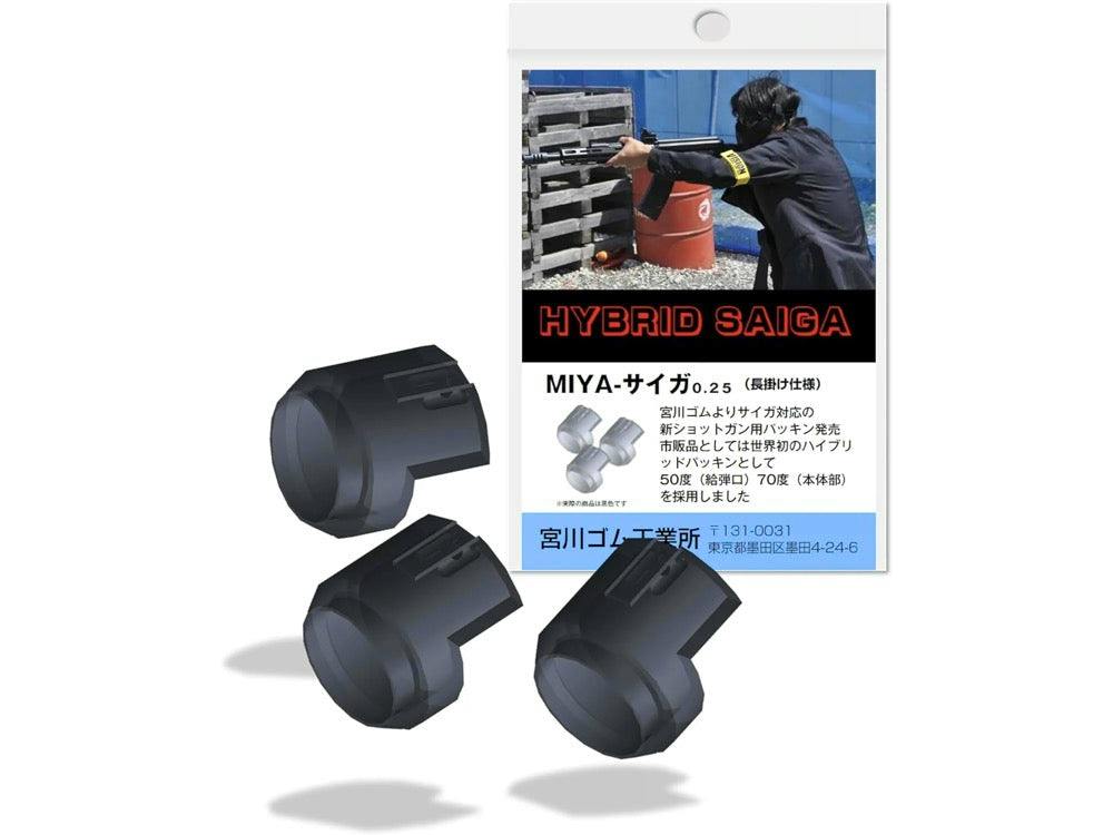 Three black shotgun chamber gasket parts shown in front of the product packaging labeled “HYBRID SAIGA”.