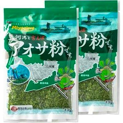 Two packets of Miyakawa Sangyo Aosa (dried seaweed) powder in green 15 g packaging.