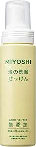 Photo of a pale yellow cylindrical bottle of MIYOSHI foaming face wash with a white foaming pump cap and Japanese text on the label.