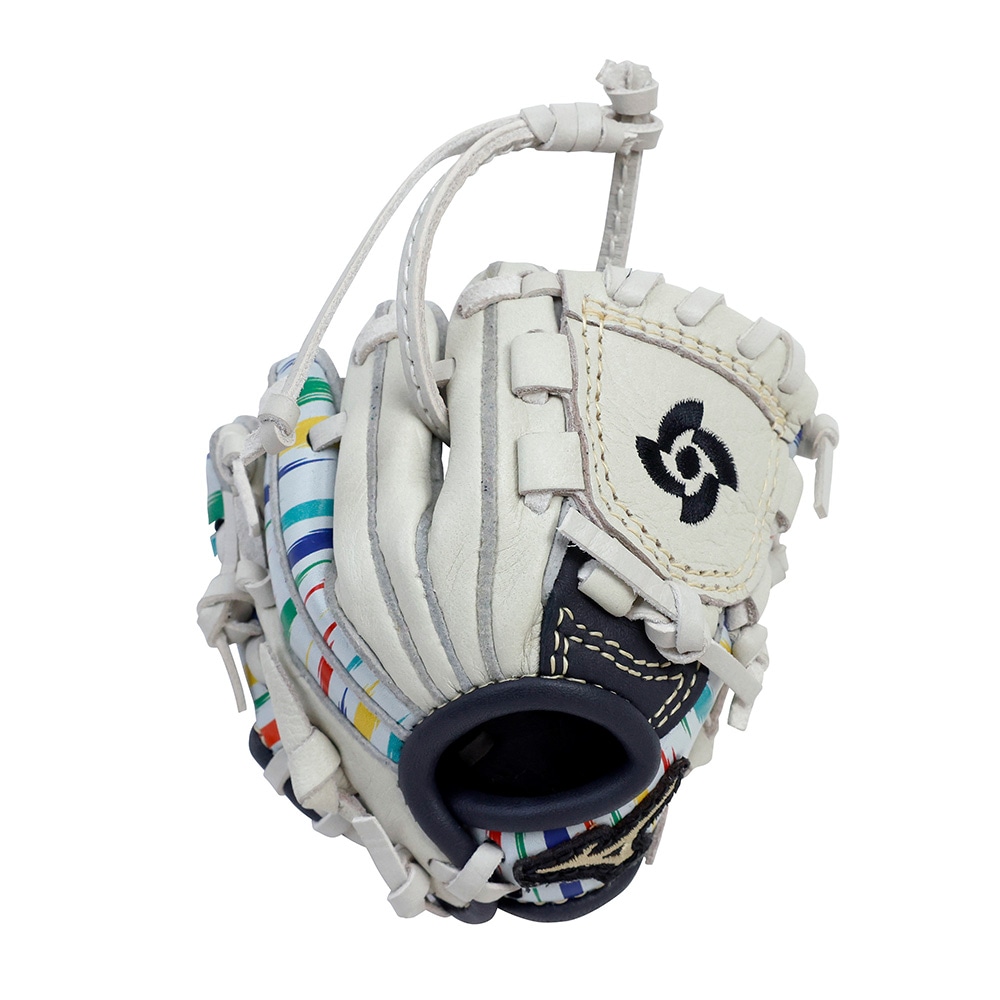 Miniature white and navy leather baseball glove strap with multicolor striped inner accents and white lacing.