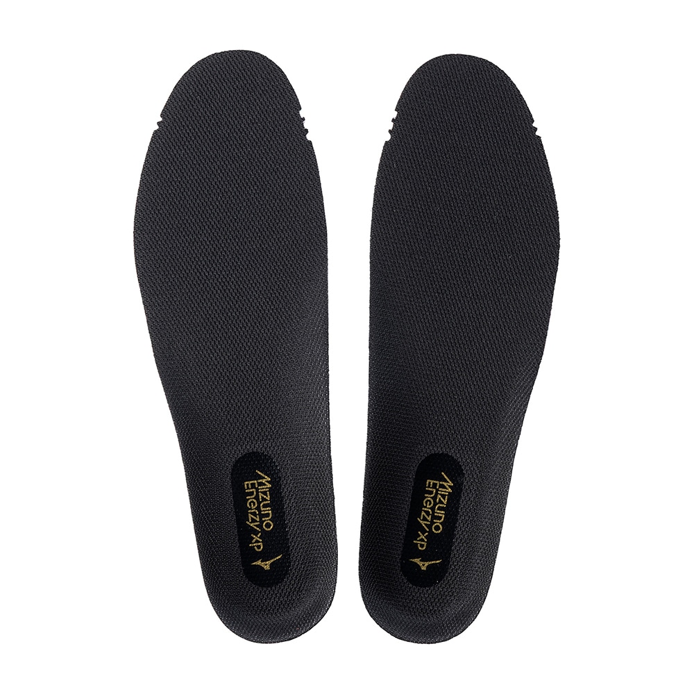 Top view of a pair of black Mizuno Energy XP shoe insoles.