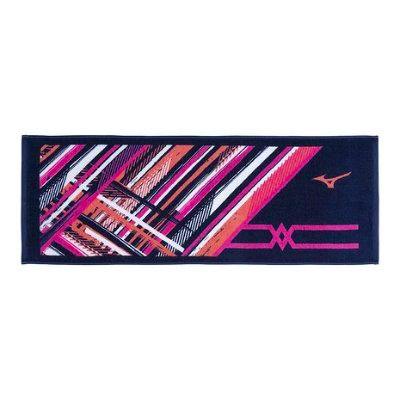 A rectangular Mizuno sports towel with diagonal pink, white, and orange stripes on a dark background and a Mizuno logo.