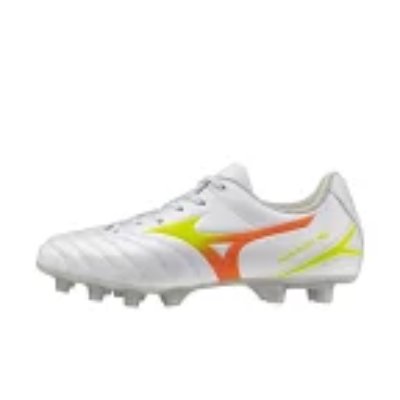 Side view of a white children's Mizuno soccer cleat with orange and yellow logo and molded studs.