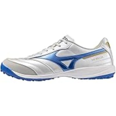 Side view of a white Mizuno futsal shoe with a blue logo and blue outsole.