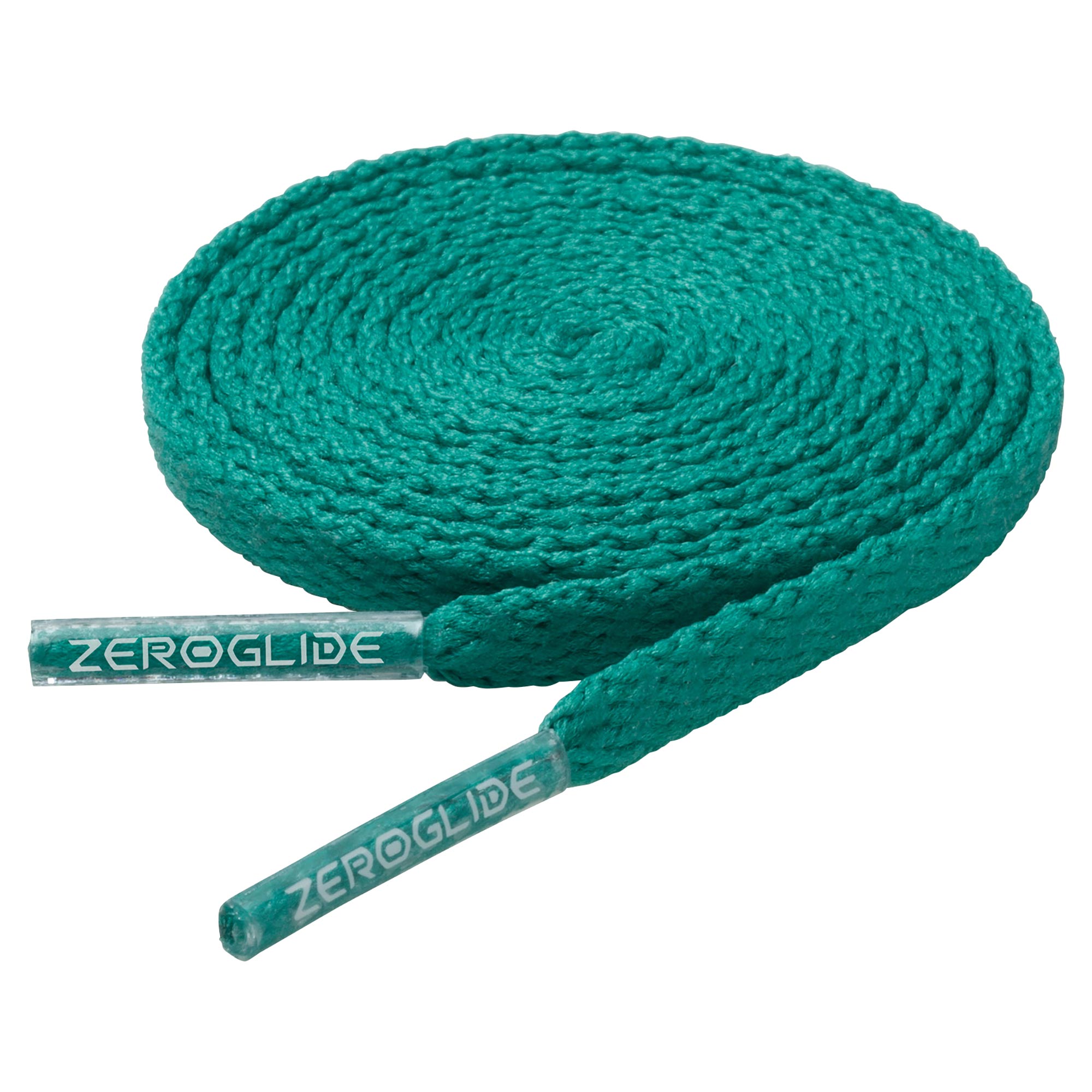 Coiled green flat shoe lace (4mm) with metal aglets printed "ZEROGLIDE".