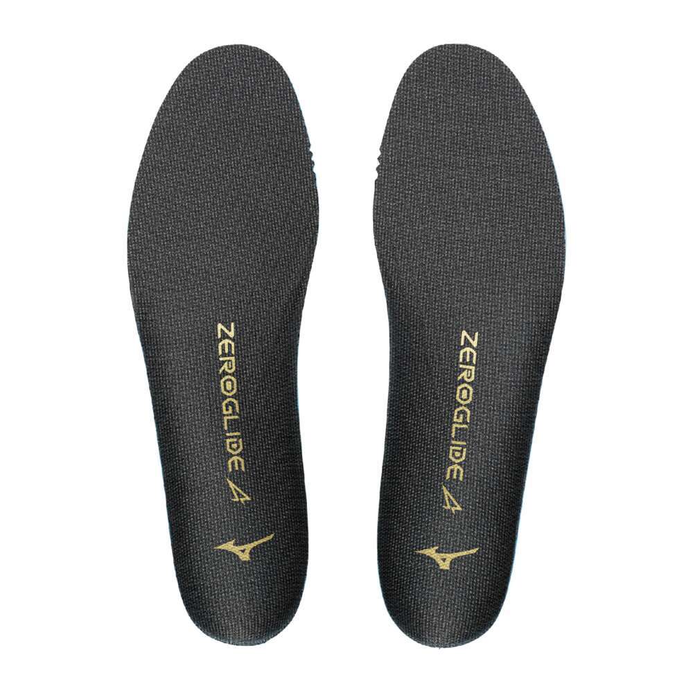 Top view of a pair of black Zeroglide Alpha shoe insoles with gold branding.