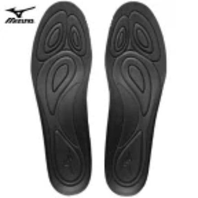 Pair of black insoles shown from the top with molded cushioning patterns.