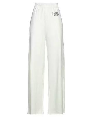 White women's lounge pants with elastic waistband and a small printed logo at the hip.