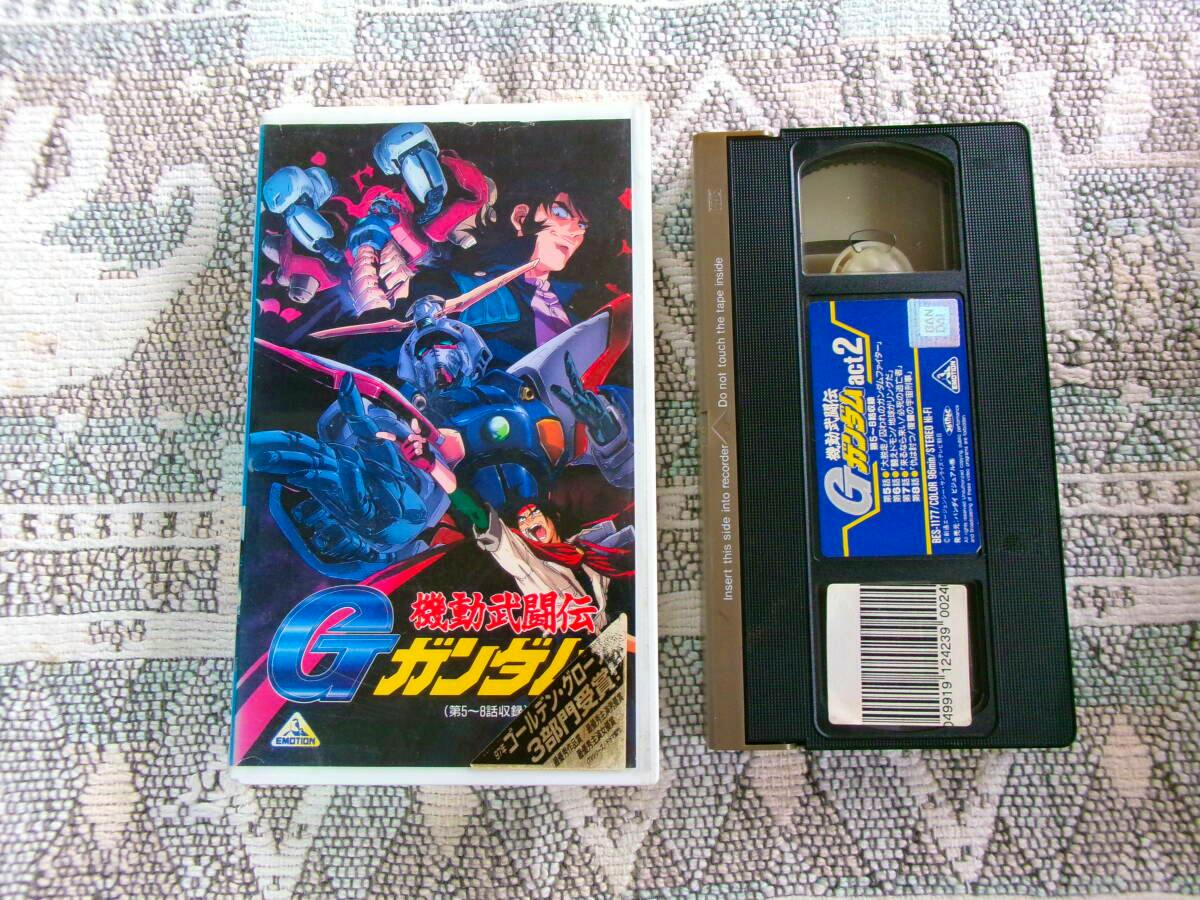 VHS cassette and its illustrated cover sleeve for the listed G Gundam anime shown on a patterned fabric surface.