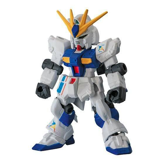 Studio photo of the ν Gundam Mobile Suit Ensemble plastic figure on a white background.