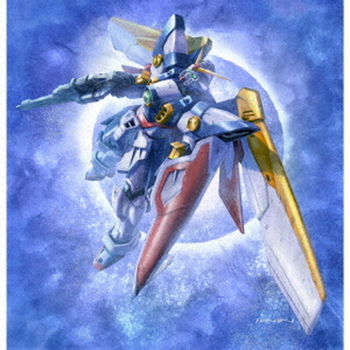 CD cover artwork showing a Gundam mobile suit flying with a planet or moon in the background.