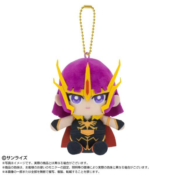 Front view of the Chibi plush sitting mascot keychain of Haman Karn with purple hair, yellow headpiece, black outfit, and attached gold ball chain on a white background.