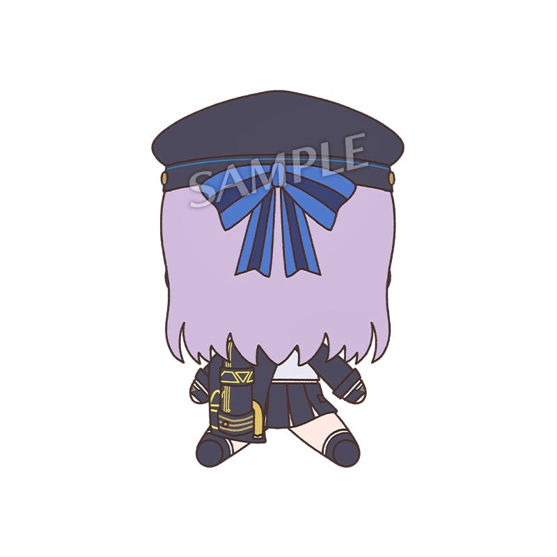 Back-view illustration of the plush showing lavender hair, a navy hat with blue bow, and a sailor-style outfit.