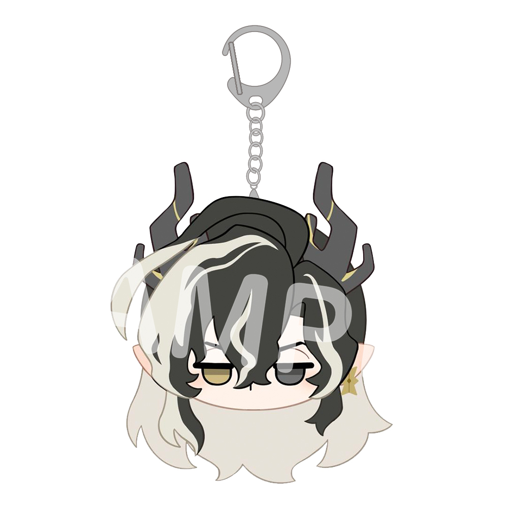 Close-up of an acrylic keychain showing a chibi character head with black-and-white hair and a metal clasp.
